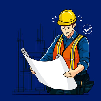Building contractor looks happy holding blueprint vector illustration pro download