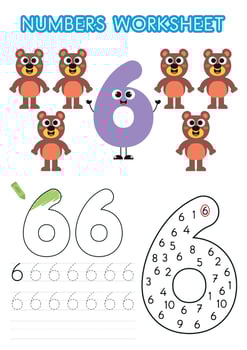 Numbers worksheet for preschoolers. Numbers activity. Numbers learning exercises. Number tracking vector