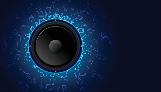 music speaker with blue sound notes background vector