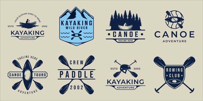 set of kayak or canoe logo vector vintage illustration template icon graphic design. bundle collection of various paddle or rowing sign or symbol for adventure sport travel and business