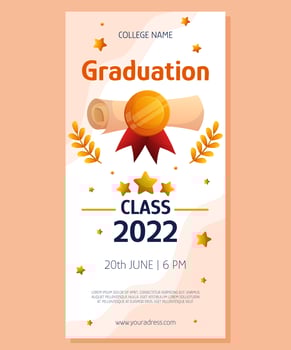 Graduation vertical banner with script, red ribbon and golden medal. Vector layout invitation template. Degree ceremony invite. Student greeting design.