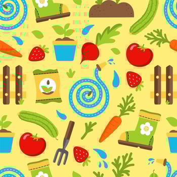 Pattern Garden Tools Equipment Gardening Agriculture Vector illustration isolated on yellow background