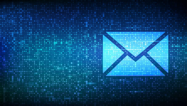 Message icon made with binary code. Email. Mail Communication. Online chat. Global networking. Digital binary data and streaming digital code. Matrix background with digits 1.0. Vector Illustration.
