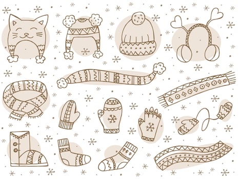 A set of hand-drawn winter clothing. Vector illustration in doodle style. Winter mood. Hello 2023. Merry Christmas and Happy New Year. Brown elements on a white background.