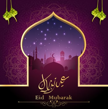 Eid Mubarak Islamic greeting card template with arabic calligraphy and Mosque Silhouettes vector