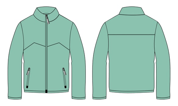 Long sleeve jacket with pocket and zipper technical fashion flat sketch vector illustration Green color template front and back views. Fleece jersey sweatshirt jacket for men's and boys.