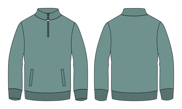 Long sleeve jacket sweatshirt with pocket and zipper technical fashion flat sketch vector illustration Green Color template front and back views.