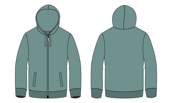 Long sleeve hoodie technical fashion flat sketch vector illustration Green Color template front and back views isolated on white background.