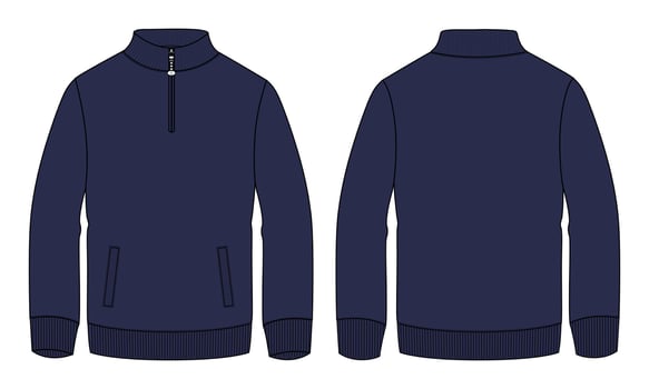Long sleeve jacket sweatshirt with pocket and zipper technical fashion flat sketch vector illustration Navy Color template front and back views.