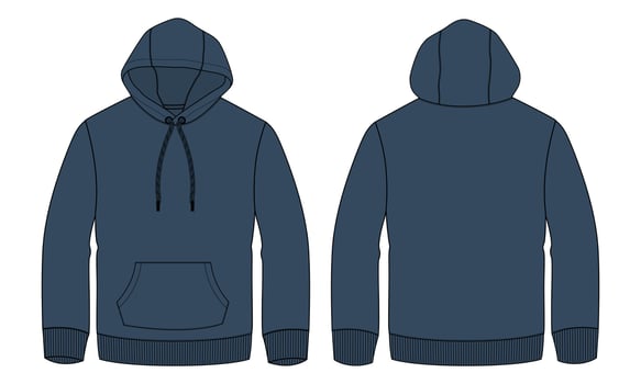 Long sleeve hoodie technical fashion flat sketch vector illustration Navy blue Color template front and back views isolated on white background.