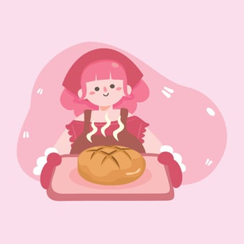 Young woman baking fresh sourdough bread.cute girl serving homemade bakery.delicious bread.Stay home activity. Flat Vector illustration on cooking food at home.