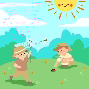 Summer Kids Camp.kids activities, children playing in playground, Girls and boys in camping costume.Summer camp with boy and girl at park.kindergarten outdoor observing nature. vector