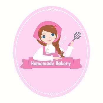 pretty gril chef logo.homemade bakery concept. flat design vector illustion for logo bakery design.cute Braid hair chef.Wearing pink arpon and chef uniform.pink badge and frame.