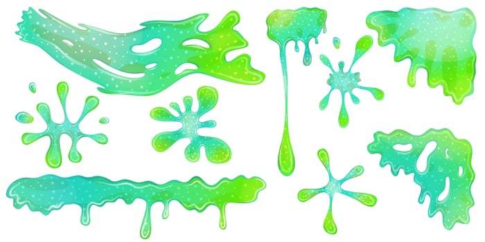 Dripping green goo slimes isolated in set. Slimes are corner and splash, flow of muscus. Green colorful jelly for playing. Cartoon vector illustration.