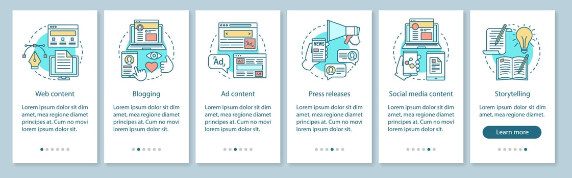 Blogging business onboarding mobile app page screen vector template. SMM courses. Walkthrough website steps. Promotion strategy. Social media content plan. UX, UI, GUI smartphone interface concept