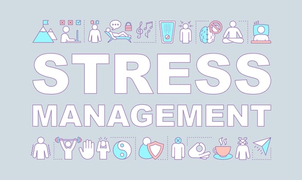 Stress management word concepts banner. Mental health. Stress overcoming. Calming and relaxing. Anxiety coping. Isolated typography idea with linear icons. Vector outline illustration