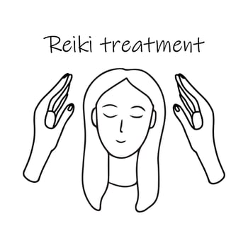 Reiki treatment alternative medicine. Doodle sketch hand drawn vector illustration of woman and healing palms on white background. Isolated outline.