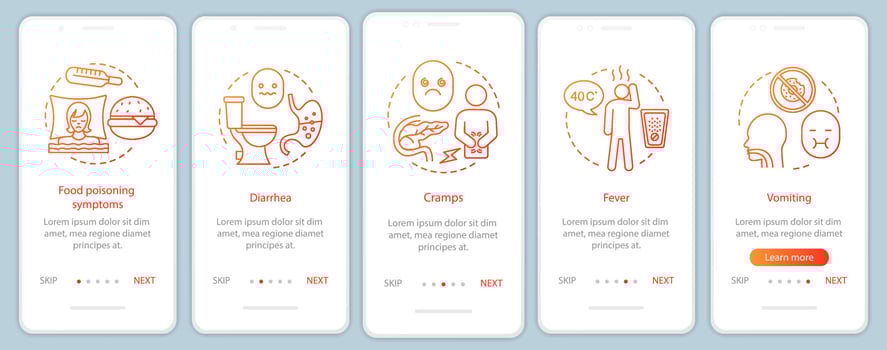 Foodborne disease onboarding mobile app page screen template. Food poisoning symptom. Diarrhea, cramps, fever, vomiting. Indigestion. Walkthrough website step. UX, UI, GUI smartphone interface concept vector