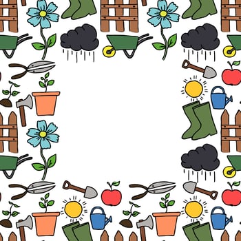 Colored seamless gardening pattern with place for text. Doodle vector with gardening icons. Vintage gardening icons on white background