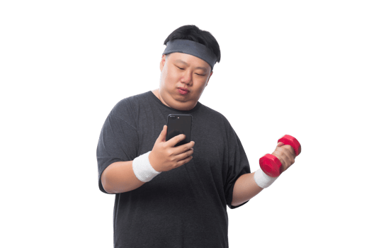 Young Asian fat sport man using smartphone, Png file