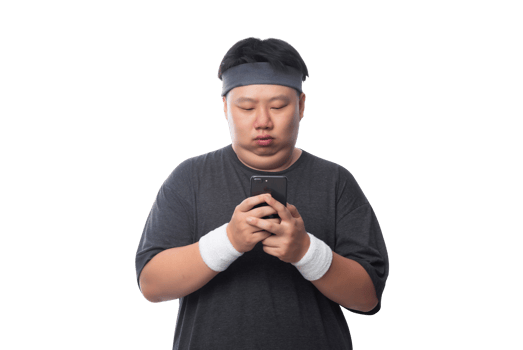 Young Asian fat sport man using smartphone, Png file