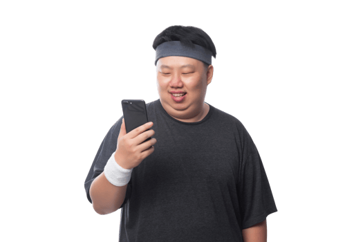 Young Asian fat sport man using smartphone, Png file