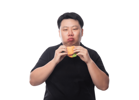 Young Funny Fat Asian man with hamburger, Png file
