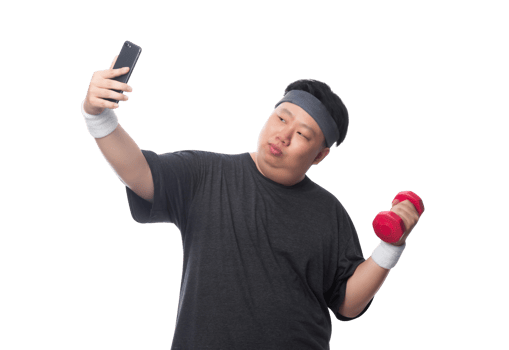 Young Asian fat sport man using smartphone, Png file