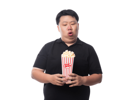 Young Funny Fat Asian man with popcorn, Png file