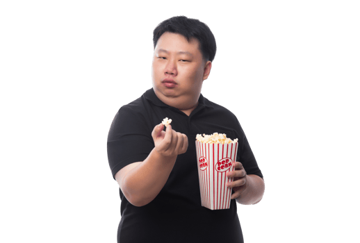 Young Funny Fat Asian man with popcorn, Png file