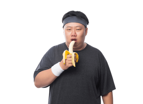 Young Asian funny fat sport man with bananas, Png file