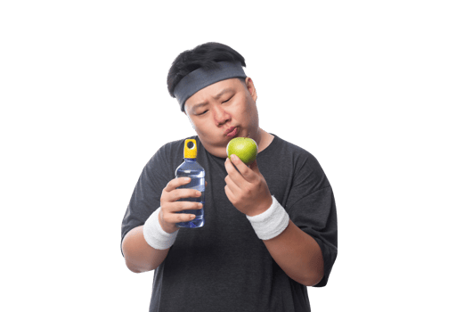 Young Asian funny fat sport man holding water bottle and green apple, Png file