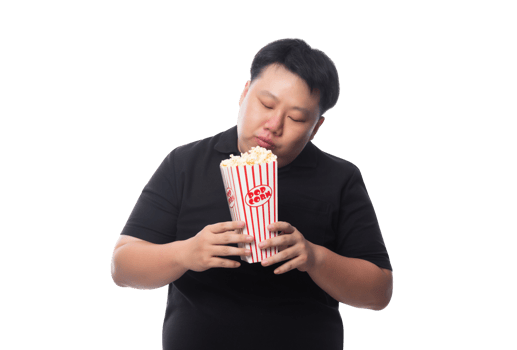 Young Funny Fat Asian man with popcorn, Png file