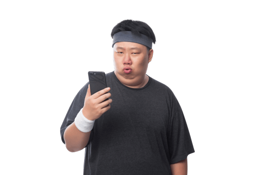 Young Asian fat sport man using smartphone, Png file