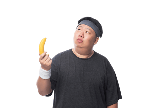 Young Asian funny fat sport man with bananas, Png file