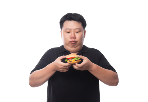 Young Funny Fat Asian man with hamburger, Png file