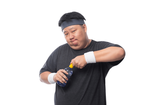 Young Asian funny fat sport man holding water bottle, Png file