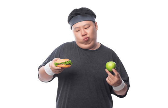 Young Asian funny fat sport man holding hamburger and green apple, Png file