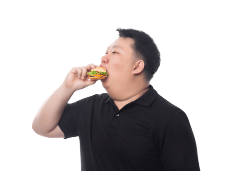 Young Funny Fat Asian man with hamburger, Png file