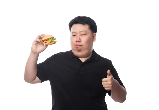 Young Funny Fat Asian man with hamburger, Png file