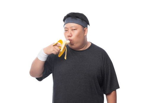 Young Asian funny fat sport man with bananas, Png file