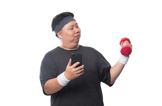 Young Asian fat sport man using smartphone, Png file