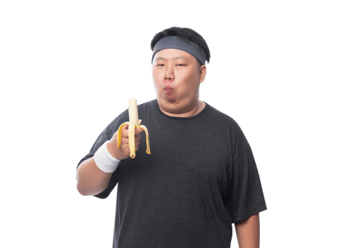 Young Asian funny fat sport man with bananas, Png file