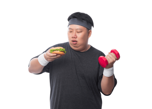 Young Asian funny fat sport man holding hamburger and dumbbell, Png file