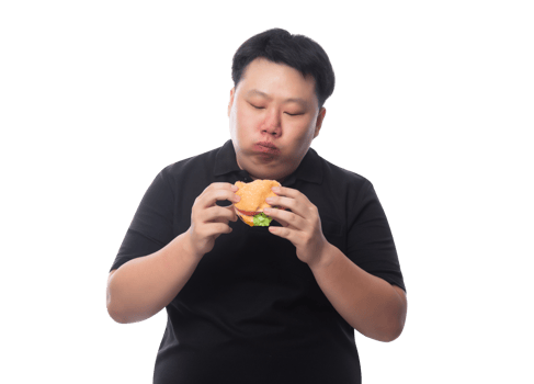 Young Funny Fat Asian man with hamburger, Png file