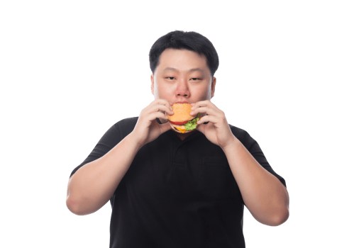Young Funny Fat Asian man with hamburger, Png file