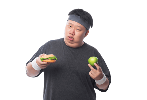 Young Asian funny fat sport man holding hamburger and green apple, Png file