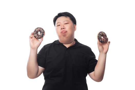 Young Funny Fat Asian man with donuts, Png file