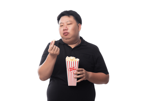 Young Funny Fat Asian man with popcorn, Png file