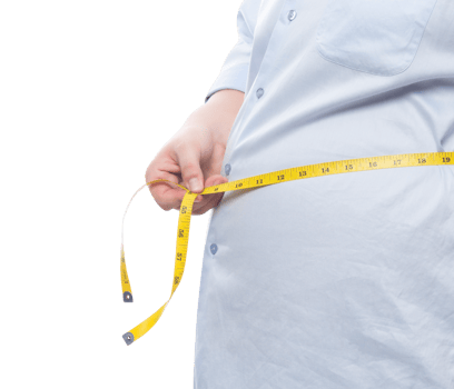 Fat man holding a measurement tape for check out his body, Png file